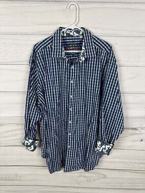Robert Graham Blue Gingham Check Paisley Contrast Cuff Button Down Shir Size 2XL